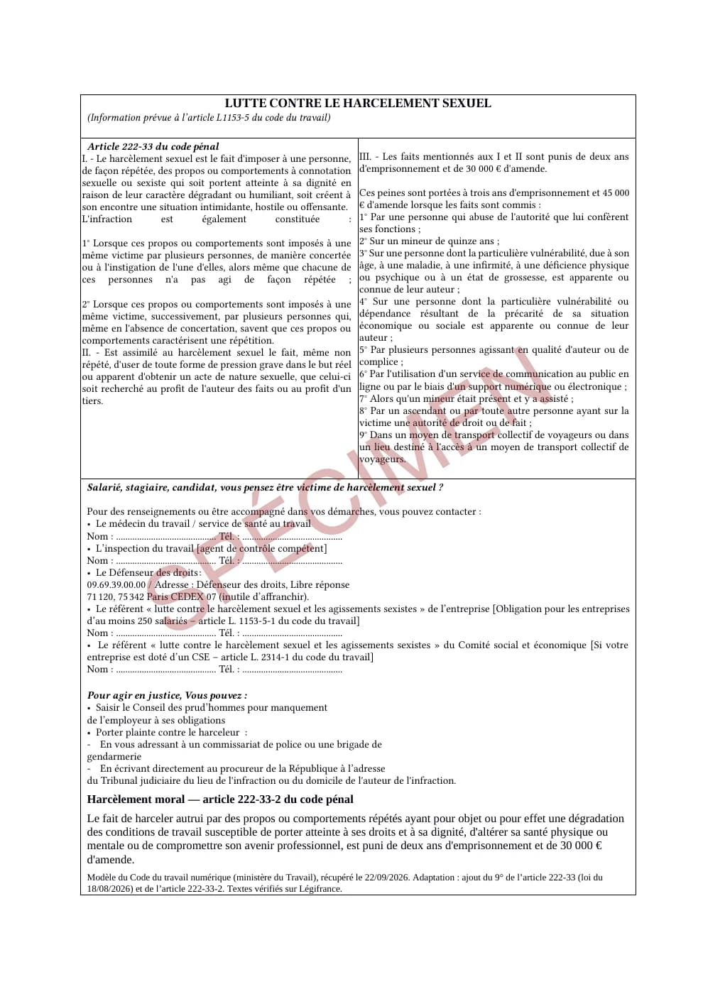 Première page du PDF livré : Harcèlement moral et sexuel, aperçu filigrané